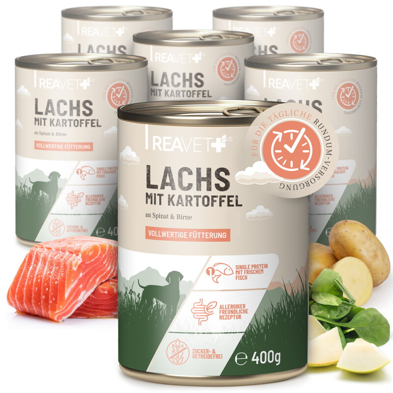 REAVET Hundenassfutter - Lachs mit Kartoffeln an Spinat & Birne | 6 x 400g