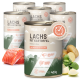 REAVET Tierfutterdosen mit Aufschrift „LACHS MIT KARTOFFEL“ (VOLLWERTIGE FÜTTERUNG, 400 g) mit Lachs, Kartoffeln und Spinat.