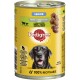 Nourriture pour chiens en conserve "Pedigree Senior" avec un Labrador noir souriant sur l'étiquette, mettant en avant des allégations nutritionnelles et des informations sur le recyclage.