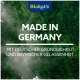 Das Bild zeigt einen üppigen grünen Waldhintergrund mit dem Text "MADE IN GERMANY" und einem deutschen Satz über Gründlichkeit und Ruhe.