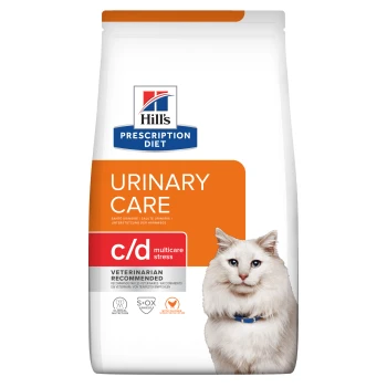 Sac de nourriture pour chat Hill's Prescription Diet Urinary Care c/d Multicare Stress avec chat blanc et détails clés du produit.