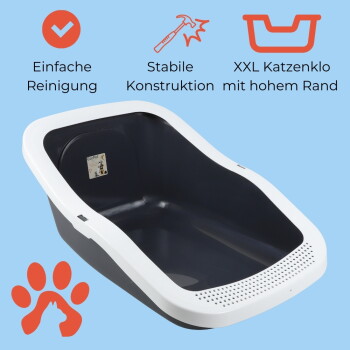 XXL-Katzentoilette, schwarzer Innenraum, weißer hoher Rand mit perforierter Vorderseite; blaues Hintergrundfeld mit Text 'Einfache Reinigung'.