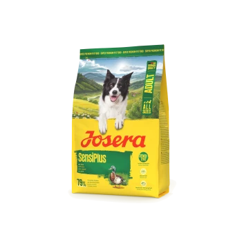 Josera SensiPlus Erwachsenenhundefutterbeutel mit schwarz-weißem Hund, Entenbild und Text "Super Premium Petfood", "German Quality" und "All Sizes".