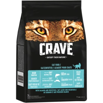 Huisdiervoerzak gelabeld 'CRAVE' met een close-up van een kattengezicht, met nadruk op hoog eiwit, graanvrij, en gemaakt met natuurlijke vis.