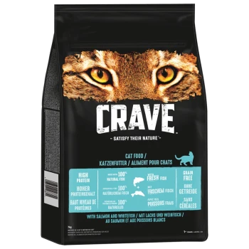 Huisdiervoerzak gelabeld 'CRAVE' met een close-up van een kattengezicht, met nadruk op hoog eiwit, graanvrij, en gemaakt met natuurlijke vis.