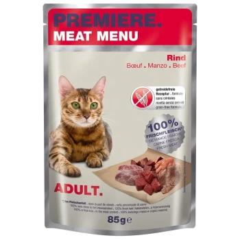Ein Katzenfutterbeutel mit der Aufschrift 'Premiere Meat Menu', der eine Bengal-Katze mit grünen Augen zeigt. Die Verpackung hebt '100% Frisches Fleisch' hervor und ist getreidefrei.