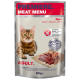 Ein Katzenfutterbeutel mit der Aufschrift 'Premiere Meat Menu', der eine Bengal-Katze mit grünen Augen zeigt. Die Verpackung hebt '100% Frisches Fleisch' hervor und ist getreidefrei.