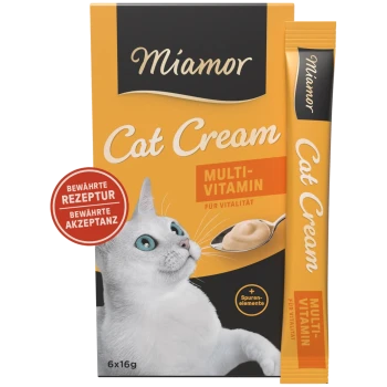 Miamor Cat Cream Multivitamin‑Packung mit weißer Katze, Löffel mit Creme und Texten „Miamor“, „Cat Cream“, „MULTI‑VITAMIN“