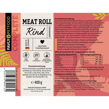 FAVLY Fleischrolle Rindfleischgeschmack, 400g: hoher Fleischanteil, getreidefrei, keine künstlichen Konservierungsstoffe, mit Nährwertinformationen.