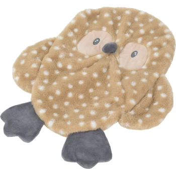 Plüsch-Haustierbett in Form einer beige getupften Eule mit großen Augen, grauem Schnabel und grauen Füßen