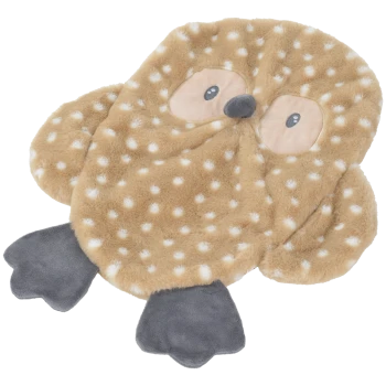 Plüsch-Haustierbett in Form einer beige getupften Eule mit großen Augen, grauem Schnabel und grauen Füßen
