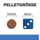 Bild, das die Größen von Haustierfutterpellets vergleicht: ein 12,5 mm runder Pellet neben einem 16 mm blauen Würfel, mit dem Text "PELLETGRÖSSE" darüber.