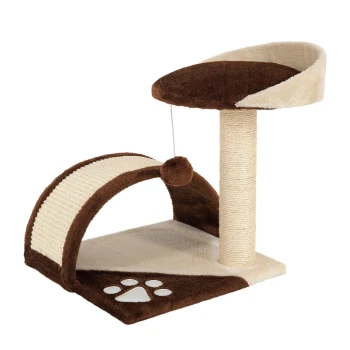 Kratzbaum Höhe 43 cm braun/ beige Katzenbaum mit einem gemütlichen oberen Platz, Kratzbaum und Tunnel, mit einem Pfotenabdruckdesign an der Basis.