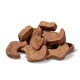 A pile of brown, chewy pet treats shaped like small, curved pieces, displayed against a white background.