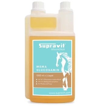 Flasche Supravit MSM & Glucosamin flüssiges Gelenkergänzungsmittel, 1000 ml, mit Pferdeillustration und deutschem Text.