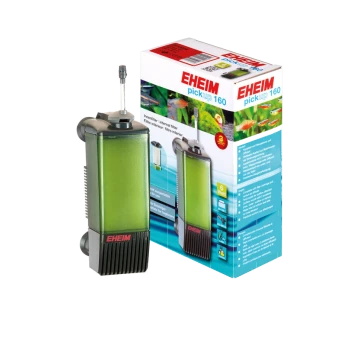 Filtre interne EHEIM pickup 160 avec un boîtier vert, présenté à côté de son emballage coloré avec des images de poissons et des détails sur le produit.
