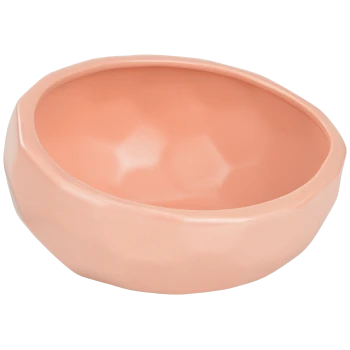 Eine glatte, runde, rosa Keramik-Haustierschüssel mit einer leicht unregelmäßigen Form, entworfen für Futter oder Wasser.