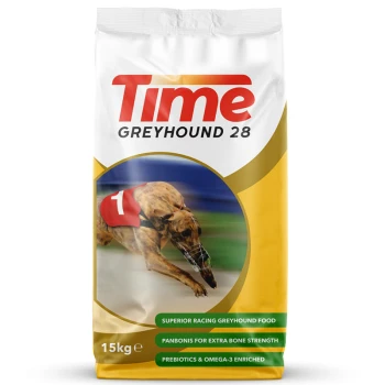 Bag of Time Greyhound 28 dog food, featuring a racing greyhound on the front, labeled as "Superior Racing Greyhound Food," 15kg.