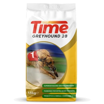 Bag of Time Greyhound 28 dog food, featuring a racing greyhound on the front, labeled as "Superior Racing Greyhound Food," 15kg.