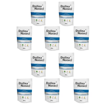 Premium Adult bogata w pstrąga saszetka 10x500 g Opakowanie karmy dla zwierząt Dolina Noteci, z wieloma torebkami 500g z niebiesko-białym wzorem, oznaczone 'Bogata w Pstrąga'.