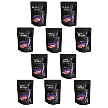 Dziewięć saszetek karmy dla kotów Dolina Noteci Premium, oznaczone 'Danie z Królika', z sylwetką kota i grafiką mięsa.