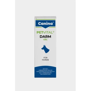 Żel stabilizujący pracę jelit Petvital 30 ml Canina PETVITAL DARM żel dla psów, z niebieską sylwetką psa i tekstem po niemiecku o poprawie flory jelitowej.