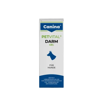 Canina PETVITAL DARM Gel für Hunde, mit einer blauen Hundesilhouette und Text auf Deutsch über die Verbesserung der Darmflora.