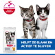 Twee kittens met rode halsbanden naast een Hill's-zak en ActivBiome+-logo; banner met tekst 'HELPT ZE SLANK EN ACTIEF TE BLIJVEN'.