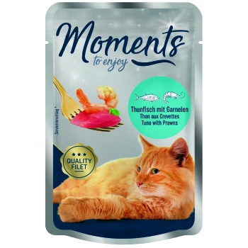 Zak kattenvoer met tonijn en garnalen, een vork met voedsel en een ontspannen oranje kat. De tekst luidt 'Moments to enjoy' en 'Quality Filet.'