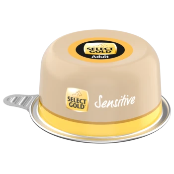 Select Gold Adult Sensitive Nassfutter für Hunde in einem Behälter mit beiger und gelber Verpackung und sichtbarem Markenlogo.