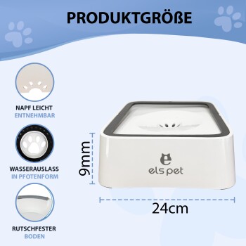 Weißer Futternapf mit Pfotenabdruckdesign, 24 cm x 9 mm, abnehmbarer Napf, rutschfester Boden und Text "els pet" und "PRODUKTGRÖSSE."