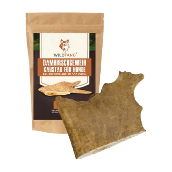 Fallow deer antler dog chew von Wildfang, mit einem braunen Geweihstück neben einer Verpackung, die mit "Damhirschgeweih Kaustab für Hunde" beschriftet ist.