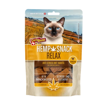DeliBest HEMP SNACK RELAX Katzensnack-Beutel mit Siamkatze; „Anti Stress mit Hanföl“, 87% Huhn, getreide- und glutenfrei.