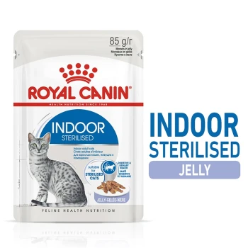 Royal Canin Indoor Sterilised cat food pouch featuring a gray tabby cat, labeled "85 g/r" and "Jelly," with health benefits highlighted.