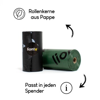 Zwei Rollen "lionto" Haustierabfallbeutel, eine schwarz und eine grün, beschriftet mit "Rollenkerne aus Pappe" und "Passt in jeden Spender."