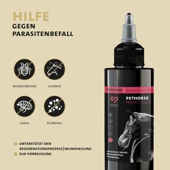 Schwarze Flasche von Petcare Pethorse Protect 2002 zur Parasitenprävention, mit Symbolen für Milben, Juckreiz, Flöhe und Pilzinfektionen.