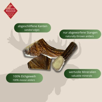 Elchgeweihe mit geschliffenen Kanten, beschriftet: "100% Elchgeweih", "abgeschliffene Kanten", "nur abgeworfene Stangen", "wertvolle Mineralien."