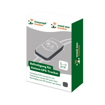 Befestigungsrahmen für Fressnapf GPS-Tracker Katze schwarz Boxverpackung für einen GPS-Tracker für Katzen, mit Text auf Deutsch, Französisch und Niederländisch, mit einem Katzenicon und Markenlogos.