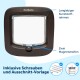 PetSafe Haustiertür mit einem langlebigen Kunststoffrahmen, mit zwei Magnetstreifen und beschriftet mit Installationsdetails auf Deutsch.