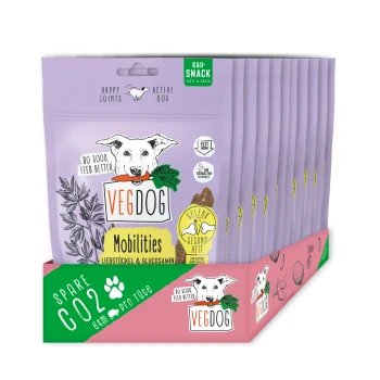 Kausnack Mobilities 12x115g VEGDOG "Mobilities" Hundesnacks in lila Verpackung, mit Kräuterillustrationen und Text: "Glückliche Gelenke," "Aktiver Hund," "Gutes tun, besser füttern."