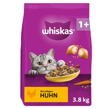 Violette Whiskas-Futtermittel-Tüte mit einer Katze, die über einen Futternapf späht; sichtbarer Text: Whiskas, 1+, Mit saftigem Huhn, 3,8 kg.