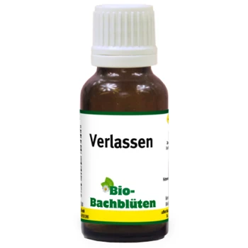 Flasche mit "Verlassen" Bachblütenmittel für Haustiere, beschriftet mit "Bio-Bachblüten" und Anwendungshinweisen.