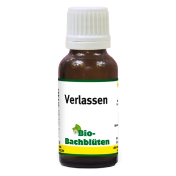 Flasche mit "Verlassen" Bachblütenmittel für Haustiere, beschriftet mit "Bio-Bachblüten" und Anwendungshinweisen.