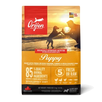 Sac de nourriture pour chiots Orijen présentant la silhouette d'un chien et de son propriétaire sur la plage, mettant en avant '85% d'ingrédients animaux de qualité' et 'frais ou cru.'