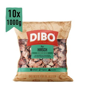 DIBO Hirsch Haustierfutterpaket, mit gefrorenem Rehfleisch für Hunde und Katzen, beschriftet mit "10x 1000 g" und "Ergänzungsfuttermittel."