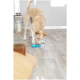 Ein hellbrauner und weißer Hund spielt mit einem blauen Gummispielzeug auf einem Holzboden, im Hintergrund ist ein Kerzenhalter sichtbar.