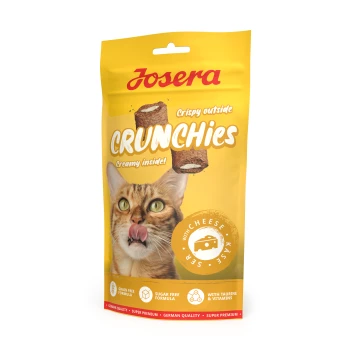 Josera Crunchies Katzensnacks Beutel mit knuspriger Außenseite, cremigem Inneren, Käsegeschmack, getreidefrei, zuckerfrei, mit Taurin und Vitaminen.