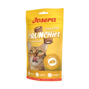 Josera Crunchies Katzensnacks Beutel mit knuspriger Außenseite, cremigem Inneren, Käsegeschmack, getreidefrei, zuckerfrei, mit Taurin und Vitaminen.