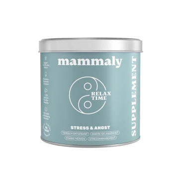 Helltürkise Dose des Ergänzungsprodukts 'Mammaly' mit Aufschrift 'RELAX TIME' und 'STRESS & ANGST' sowie silbernem Deckel.