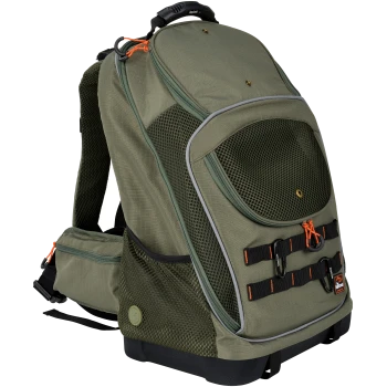 Olivgrüner Haustiertrage-Rucksack mit Netzpaneelen, verstellbaren Riemen und einem oberen Griff, entworfen für den komfortablen Transport von Haustieren.